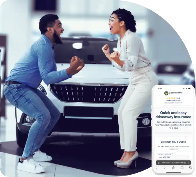 Customers at a car dealership celebrating in front of a car after making a purchase and getting easy driveaway insurance from justdriveaway by moneymaxim